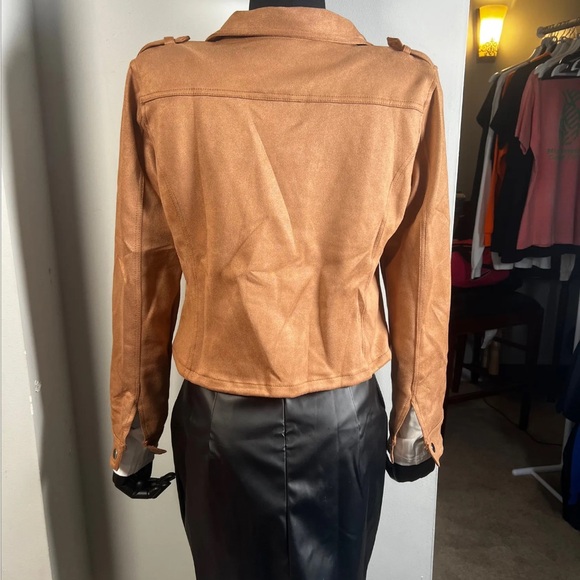 Women's Tan Faux Suede Motorcycle Jacket - Picture 3 of 8